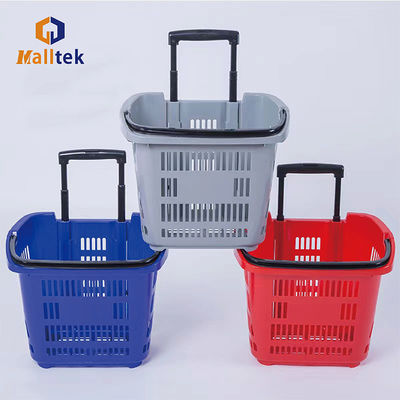 Convenience Store Plastic Rolling Basket With Two Wheels And Design Telescopic Handle In Aluminium